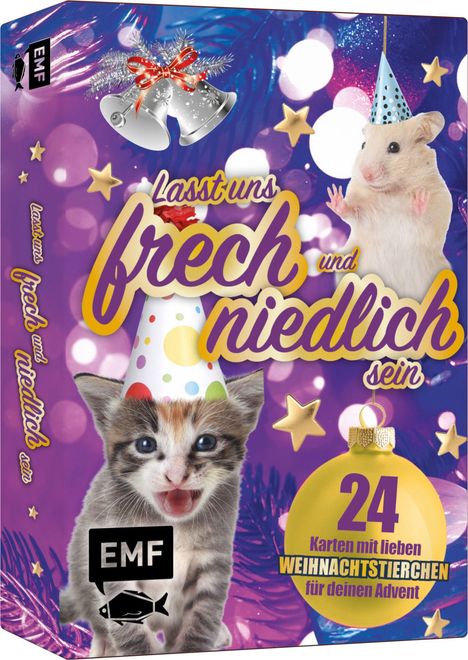 „Lasst uns frech und niedlich sein“, 24 Karten mit lieben Weihnachtstierchen. Eine Katze und eine Maus mit Partyhüten.