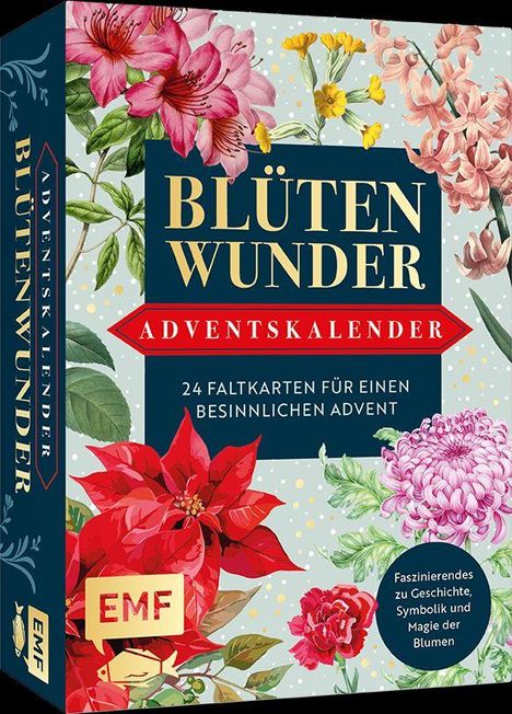 "Blütenwunder Adventskalender. 24 Faltkarten für einen besinnlichen Advent." Bunte Illustrationen von Blumen.