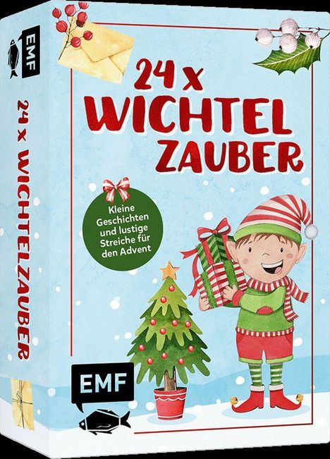 "24 x Wichtelzauber" in roter Schrift. Illustration: Ein fröhlicher Wichtel mit Geschenk, Weihnachtsbaum, Schneeflocken.