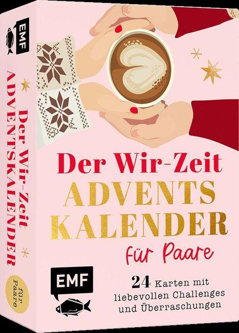 Text: "Der Wir-Zeit Adventskalender für Paare. 24 Karten mit liebevollen Challenges und Überraschungen." Illustration: Zwei Hände halten eine Latte mit Herzmuster.