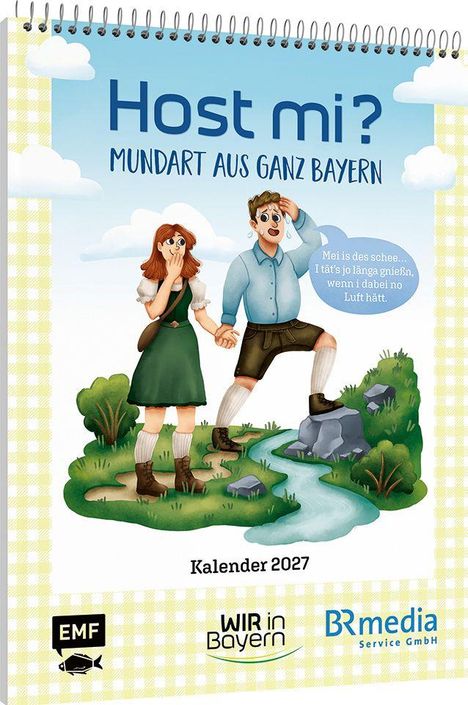 „Host mi? Mundart aus ganz Bayern“, Kalender 2027. Illustration: Ein Paar im bayerischen Stil auf einer Wiese.