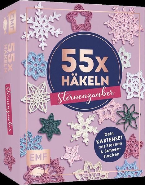 "55x Häkeln: Sternenzauber" in rosa, mittig, umgeben von gehäkelten Sternen in verschiedenen Farben und Mustern.