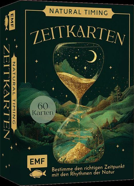 "ZEITKARTEN", "NATURAL TIMING", "60 Karten", "EMF". Illustration: Sanduhr, Mond, Landschaften.