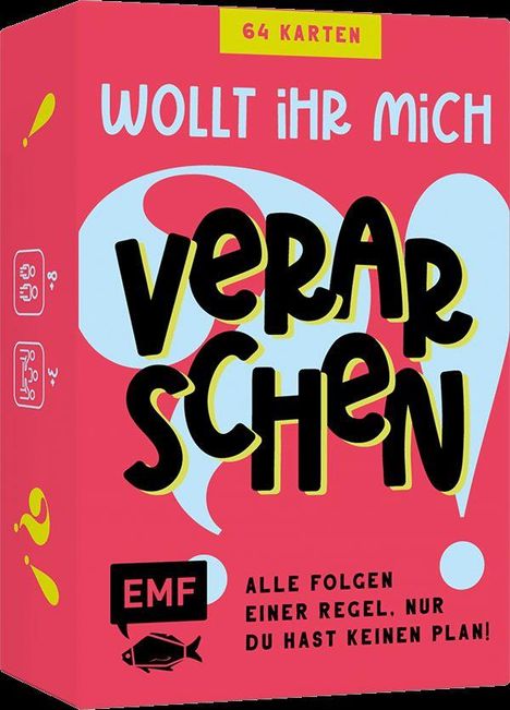 „WOLLT IHR MICH VERARSCHEN“ in großen Buchstaben, 64 Karten. Rotes Design mit schwarzem EMF-Logo und Fisch.
