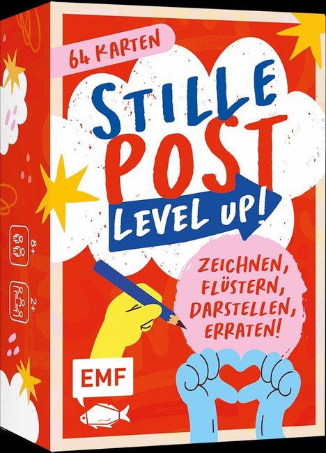64 Karten, Stille Post Level Up! Zeichnen, Flüstern, Darstellen, Erraten! Illustration mit bunten Händen und Sternen.