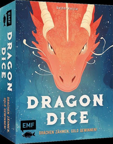 „Dragon Dice“: Drachen zähmen, Gold gewinnen! Illustration eines roten Drachens mit EMF-Logo.