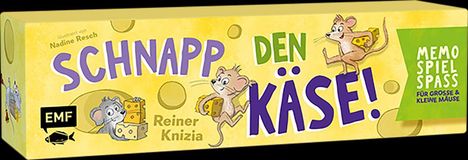 "Schnapp den Käse!" Titel in lila und grün. Illustrationen von Mäusen mit Käse. Gelber Hintergrund. Spielbox.