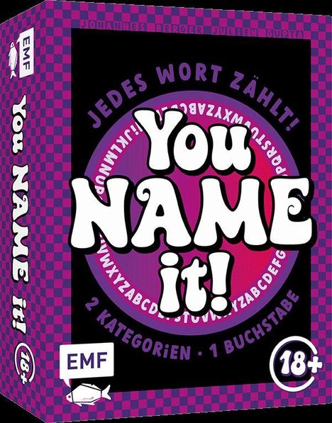 Spielkarton in Lila mit Text "You NAME it!" und "Jedes Wort zählt!" in buntem Design. 18+ Symbol vorhanden.