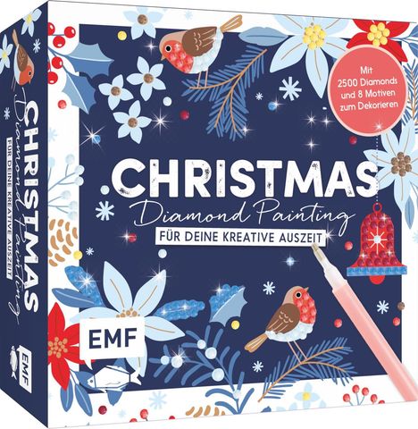 „Christmas Diamond Painting“, „Für deine kreative Auszeit“. Illustration mit Blumen, Zweigen, Vögeln und einem EMF-Logo.