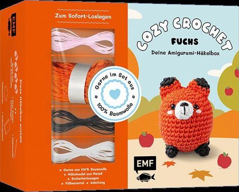 "Cozy Crochet Fuchs" Amigurumi-Häkelbox, enthält bunte Baumwollgarne und Zubehör. Illustration eines gehäkelten Fuchses.