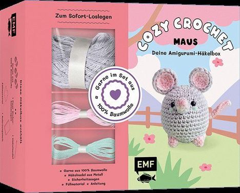 "Cozy Crochet Maus: Deine Amigurumi-Häkelbox. Garne im Set aus 100% Baumwolle. Bild einer gehäkelten Maus und Garn."