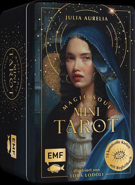 Text: Julia Aurelia, Magic Soul Mini Tarot, illustriert von Lora Lodoli. Illustration: Frau in blauer Kleidung, stilvoll verziert.