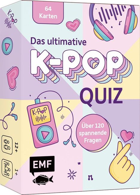 "Das ultimative K-Pop Quiz, 64 Karten, Über 120 spannende Fragen." Bunte Illustrationen mit Musikthema und Symbolen.