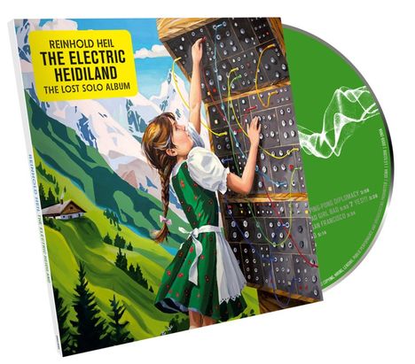 Text "REINHOLD HEIL THE ELECTRIC HEIDILAND THE LOST SOLO ALBUM". Illustration eines Mädchens in Tracht an einem Synthesizer.