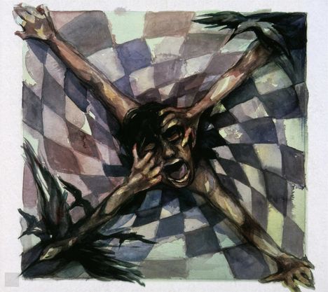 Illustration eines schreienden Menschen mit ausgebreiteten Armen, umgeben von Krähen auf einem schachbrettartigen Boden.