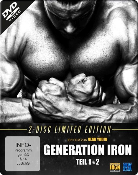 "2-DISC LIMITED EDITION, ein Film von Vlad Yudin, GENERATION IRON TEIL 1 & 2." Schwarz-weiß Bild eines muskulösen Mannes.