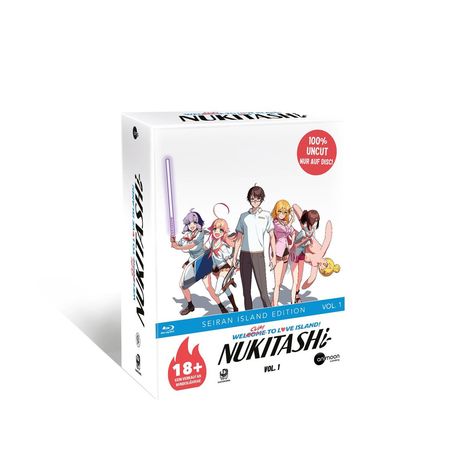 „100% UNCUT NUR AUF DISC!“, Illustration mit Anime-Charakteren, Text „NUKITASHI“, Altersfreigabe „18+“, „Vol. 1“.