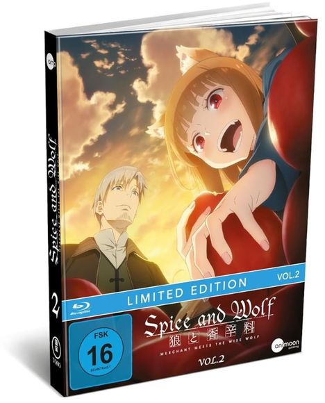 "Spice and Wolf", Limited Edition, VOL.2, FSK 16. Junge Frau mit Fuchsohren lächelt. Mann steht im Hintergrund.