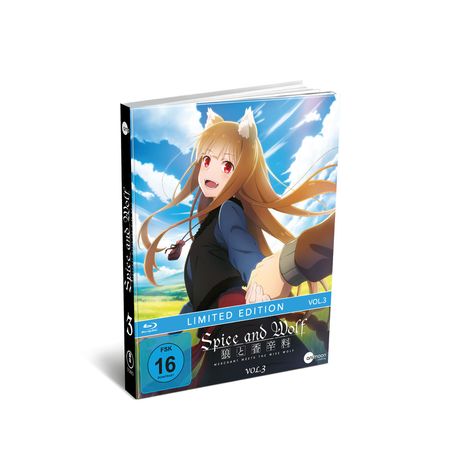 "LIMITED EDITION VOL.3", "Spice and Wolf", "FSK 16", "VOL.3". Mädchen mit Fuchsohren lächelt in einer Landschaft. Anime-Stil.