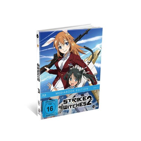Text: "Mediabook Edition Vol. 3", "Strike Witches 2", "FSK 16 beantragt". Anime-Cover mit zwei lächelnden Charakteren vor Himmel.
