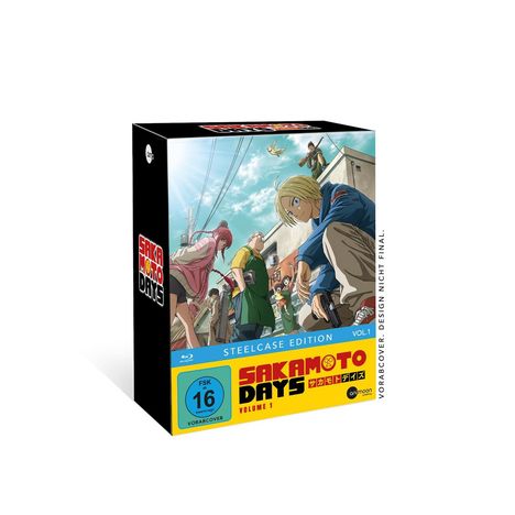 „Sakamoto Days Steelcase Edition, Volume 1, FSK 16.“ Anime-Charaktere in einer Szenerie.