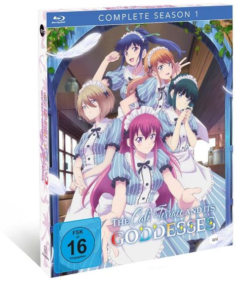 Blu-ray Hülle mit "COMPLETE SEASON 1", "The Café Terrace and its Goddesses". Anime Figuren in blauen Kleidern. FSK 16.