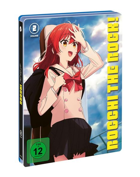 "Bocchi the Rock! Volume 2". Eine fröhliche Figur mit rotem Haar trägt eine Uniform und hält eine Tasche auf der Schulter.