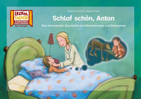 Schlaf schön, Anton. Eine Illustration zeigt ein Kind im Bett, liebevoll von einer Frau betreut. Im Traum ein Affe auf einem Ast.