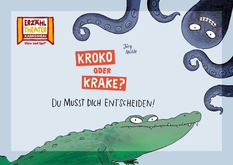 „Kroko oder Krake? Du musst dich entscheiden!“ Illustration mit grüner Krokodil und blauer Krake.