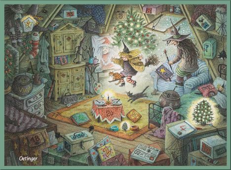 Texte: 1, 4, 13, 2, 9, 22, 24, 5, 15, 3, 10, 18, 7, 12, 16, 17. Zwei Hexen in einem weihnachtlich dekorierten Dachboden.