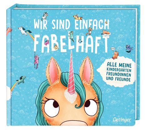 Der Text "WIR SIND EINFACH FABELHAFT" und "ALLE MEINE KINDERGARTENFREUNDINNEN UND FREUNDE" ziert ein Einhorn-Cover.