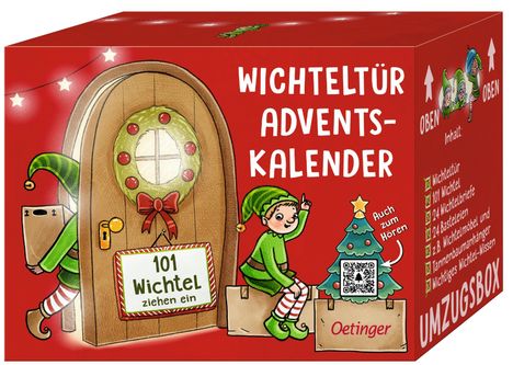 „Wichteltür Adventskalender“ groß auf rotem Hintergrund. Illustration: Wichtel, Tür, Tannenbaum und Umzugskisten.