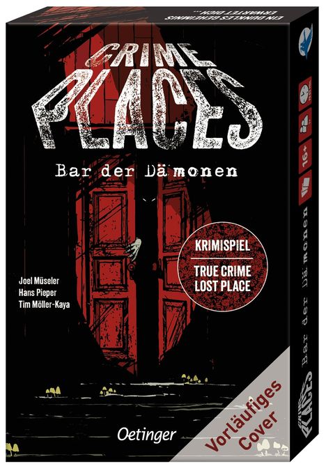 "Crime Places: Bar der Dämonen", Krimispiel. Illustration mit geheimnisvoller, rot-schwarzer Tür. Ab 16 Jahren.