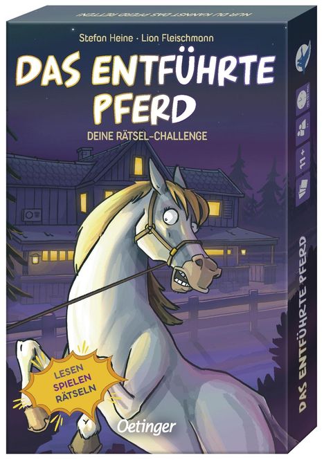 „Das entführte Pferd. Deine Rätsel-Challenge.“ Illustration: ein erschrockenes Pferd vor einem Haus bei Nacht.