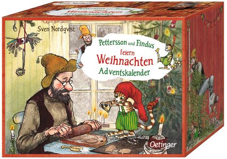 "Pettersson und Findus feiern Weihnachten Adventskalender." Illustration mit Pettersson und Findus beim Plätzchenbacken.