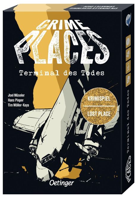 „Crime Places: Terminal des Todes“, Krimispiel, Lost Place. Illustration: Flugzeug auf gelbem Hintergrund.
