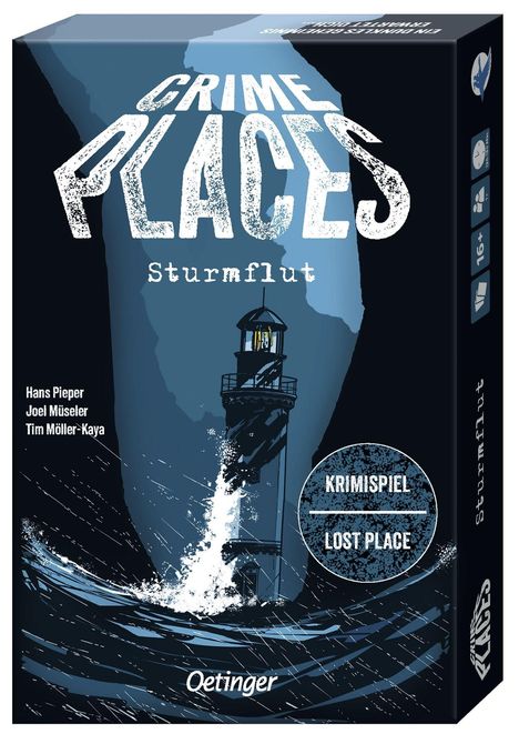 "Crime Places: Sturmflut. Krimispiel. Lost Place. Leuchtturm in stürmischer See, Wellen schlagen hoch."