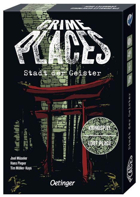 "CRIME PLACES: Stadt der Geister", Krimispiel "Lost Place", Joel Müseler. Illustration mit rotem Torii vor grünem Mauerwerk.