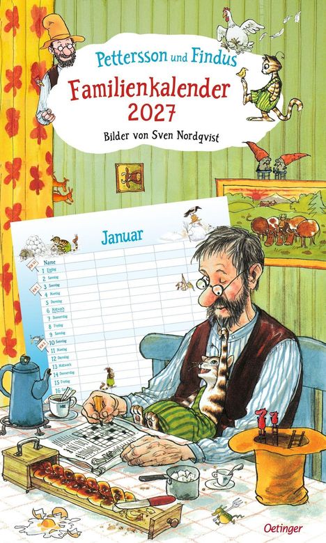 "Pettersson und Findus Familienkalender 2027. Bilder von Sven Nordqvist." zeigt eine bunte, fröhliche Szene.