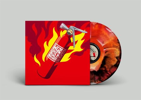 Auf rotem Hintergrund ein Feuerlöscher, brennende Flammen, "Free the Landlords". Vinyl-Schallplatte dahinter.