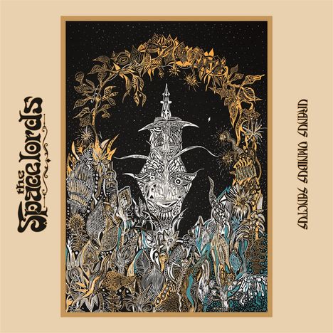 Texte: "the Spacelords" links, "Uranus Ominous" rechts. Detaillierte, verschnörkelte Illustration eines Gesichts und Pflanzen.