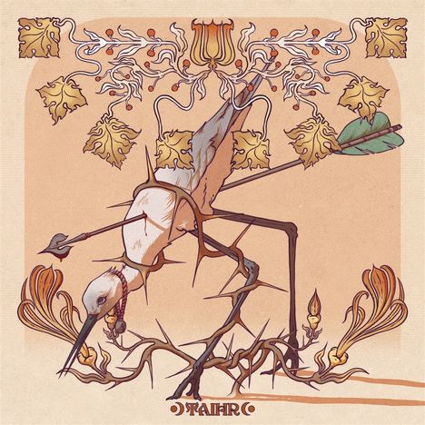 Der Text "TAIHC" ist unten in einem dekorativen Stil. Ein Vogel, durchbohrt von Ästen, umgeben von kunstvollen Mustern.