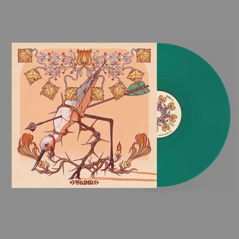 Text: "Frahm". Illustration eines stilisierten, geometrischen Vogels mit floralen Mustern. Grüne Vinyl-Schallplatte rechts.