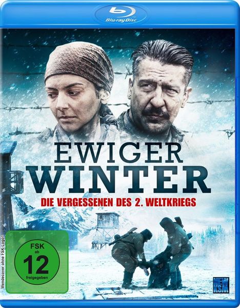 "EWIGER WINTER - DIE VERGESSENEN DES 2. WELTKRIEGS" steht groß vor schneebedecktem Hintergrund. Menschen in Winterkleidung.