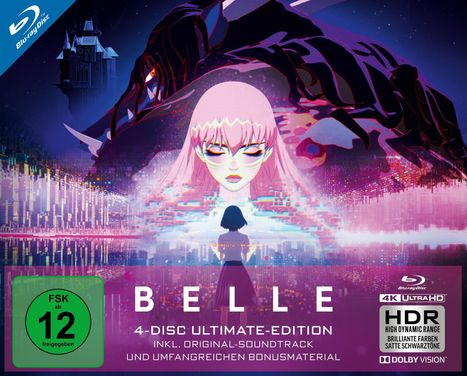 "FSK ab 12 freigegeben", "BELLE 4-Disc Ultimate-Edition". Illustration: Mädchen, Schloss, dunkle Kreatur.