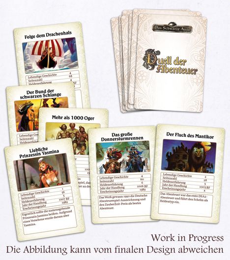 Mehrere Spielkarten mit Fantasietiteln: "Folge dem Drachenhals", "Der Fluch des Mantikor". Hinweis: Design unverbindlich.