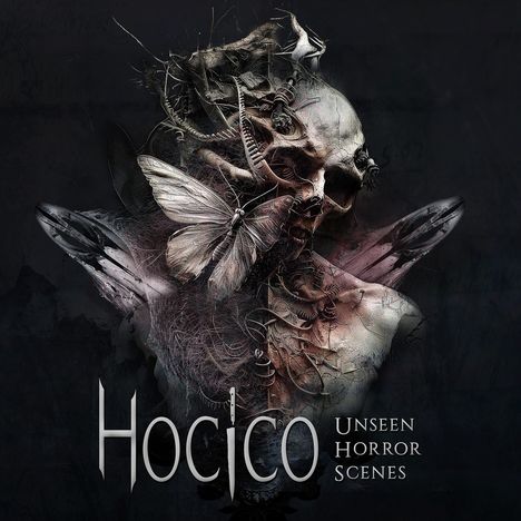 Hocico, Unseen Horror Scenes. Eine dunkle, surreale Illustration mit einem Schädel, Insekten und einem Schmetterling.