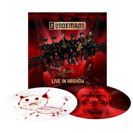 "LINDEMANN", "LIVE IN KRAKOW". Illustration einer Band auf einer Bühne, zwei Schallplatten mit einem Gesicht und einer Zeichnung.