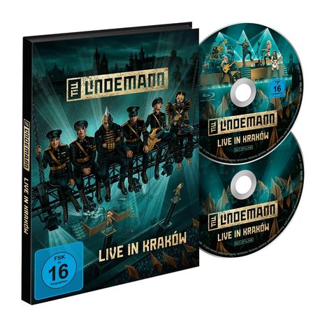 "LINDEMANN Live in Kraków", FSK 16. Illustration von fünf Bandmitgliedern in Uniformen auf einer Bühne.