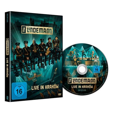 Text: "Live in Kraków", "Lindemann", "FSK 16 frei". Illustration von Musikern in Uniform auf einer Bühne.